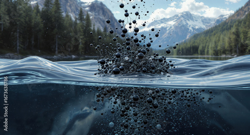 Fresh water pollution in scenic pristine nature landscape. Black harmful PFC PFAS crude oil carbohydrate plastic molecules poisoning drinking water. Contamination river or lake by forever chemicals.