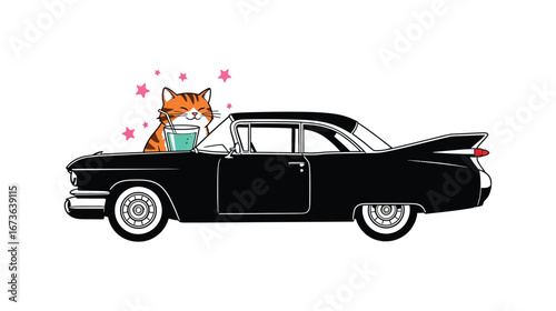 A cool cat is driving a black vintage car isolated on white background, showcasing a cartoon style illustration of a classic vehicle