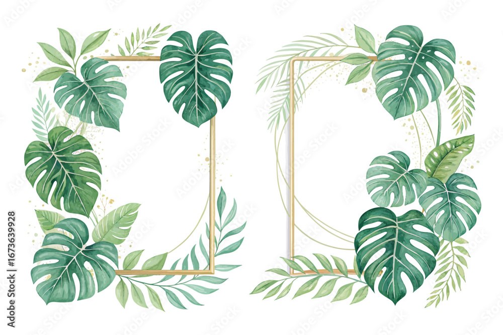 Naklejka premium Watercolor tropical Monstera leaves floral frames