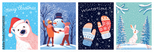 Winter holiday, Merry Christmas and Happy New Year greeting card. Set of cute posters with kids, bunny, polar bear, snowy fir trees, mittens and snowflakes. Handmade drawing vector illustration.
