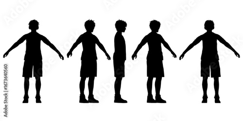 Silhouetted children stand in a line with arms outstretched against a white background. One boy wears headphones, creating a stark and minimalist composition.