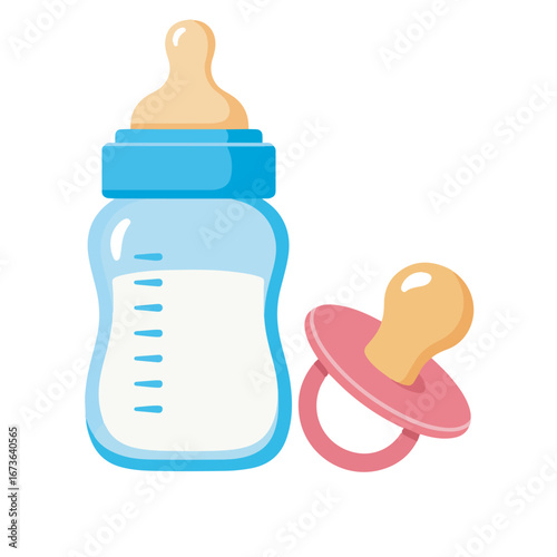 Childcare and newborn baby essentials concept with a milk bottle and a soother, isolated vector illustration for parenting themes