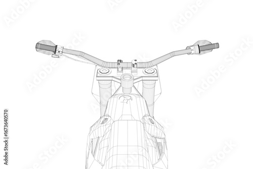Wireframe snowbike model with sleek black and white design, curved modern handlebars, light fabric seat, large headlight, and wide handlebar.