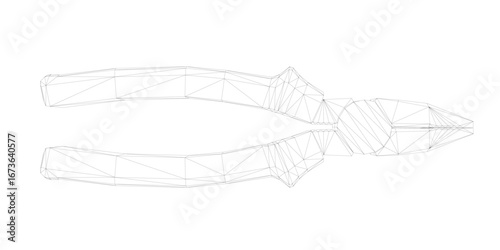 Wireframe pliers with curved handles and pointed tips, composed of intricate lines and shapes on a white background.