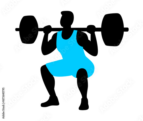 Man Lifting Weights, Squat Pose for Fitness Simple Illustration