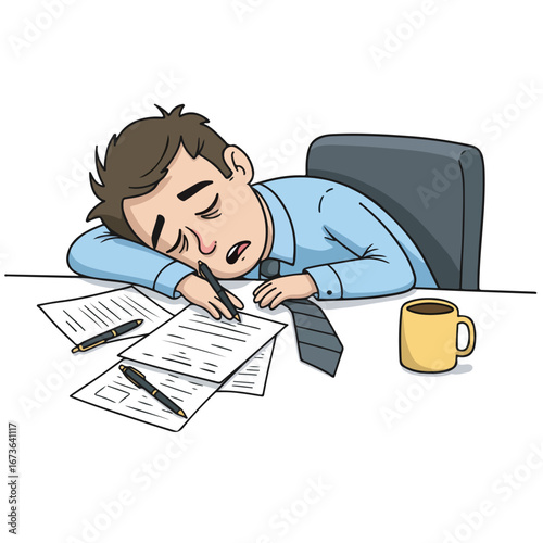Conceptual illustration of professional burnout showing an exhausted businessman sleeping on his paperwork at an office desk