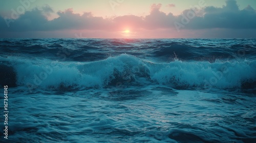Dramatic ocean sunset.  Waves crash at the foreground