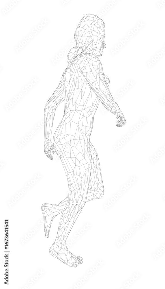 Fototapeta premium A black and white wireframe woman runs in a low polygonal style with outstretched limbs on a clean white background.