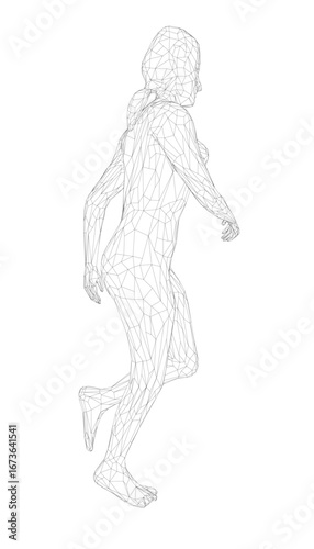 A black and white wireframe woman runs in a low polygonal style with outstretched limbs on a clean white background.