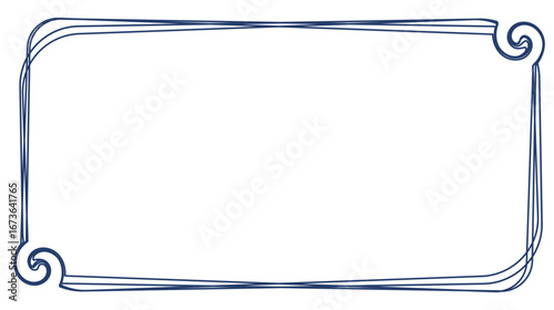 Navy blue rectangular frame with rounded corners and subtle swirl details provides a decorative border on a white backdrop, offering a sophisticated and clean aesthetic element