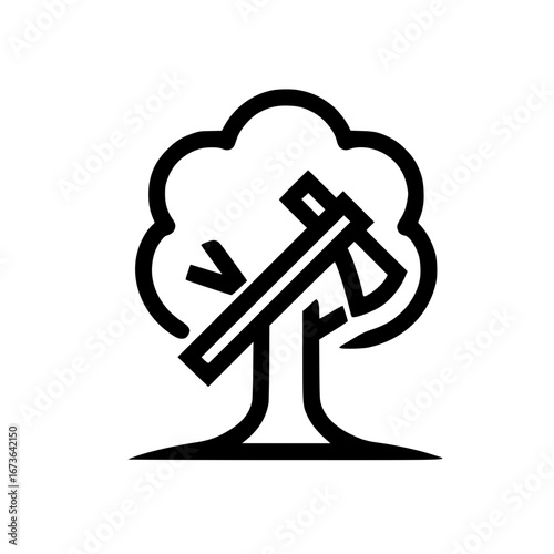 Tree with axe icon vector illustration deforestation and logging symbol for forestry concept