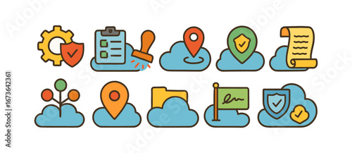 Cloud computing icon set. security, data management, backup icons in flat style