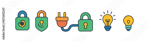 Security and energy icon set. locks, electricity, lightbulbs in filled style