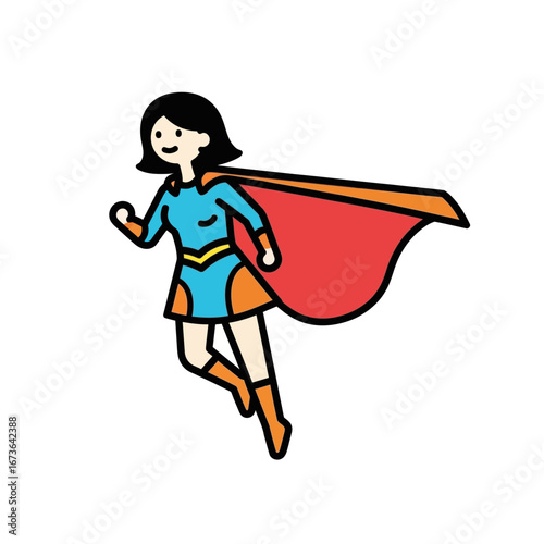 Cartoon Superheroine Flying with Red Cape and Costume