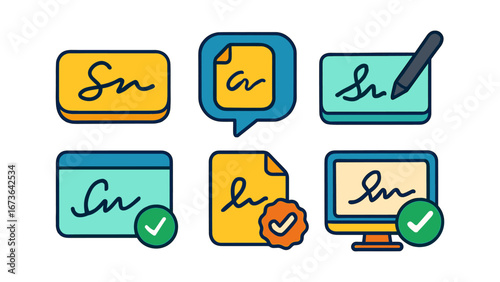 Digital signature outline icon set. agreement, authentication, electronic signing icons