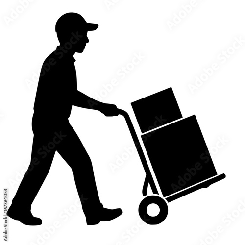 Black Silhouette Courier with Hand Truck Carrying Boxes Vector Isolated on White Background