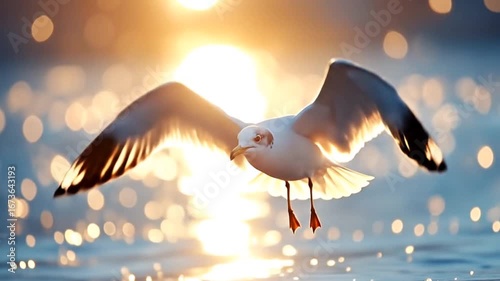 Seagull flying with wings open above ocean in golden sunlight seamless looping time-lapse 4k video background. Wildlife concept
