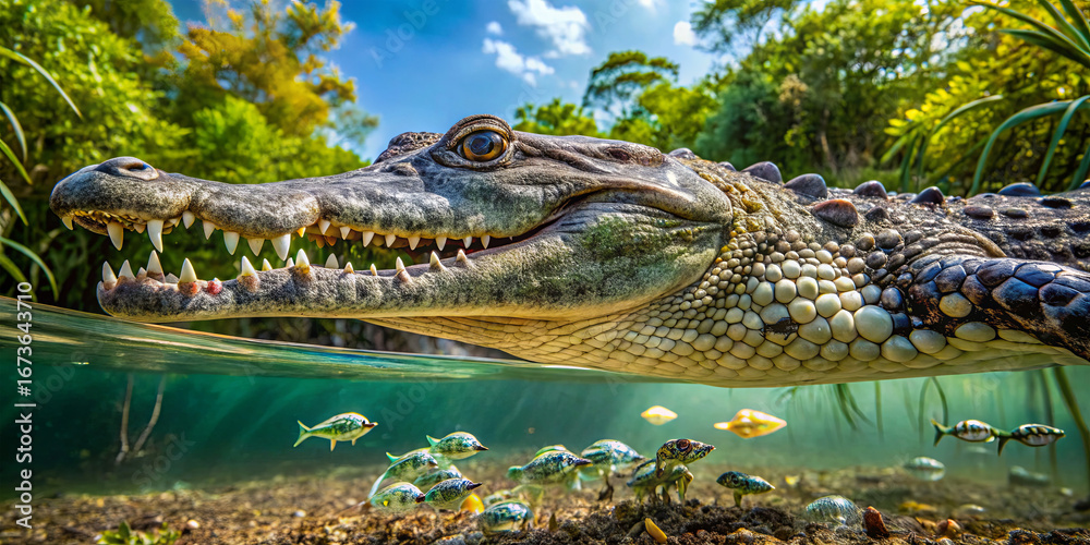 Fototapeta premium A large crocodile swims just below the water's surface, showcasing sharp teeth and scales. Small fish swim nearby in a vibrant, sunlit tropical environment