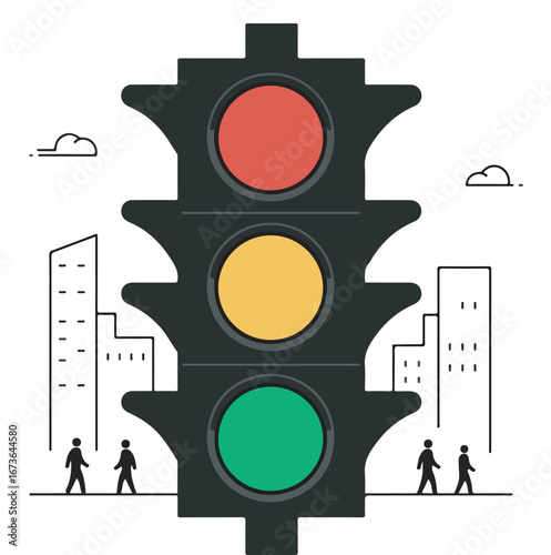 Urban concept illustration with a traffic light controlling city flow and pedestrian crossing in a modern metropolis