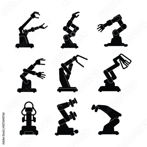 Set of isolated black physiotherapy robot silhouettes. Vector icon collection for automated medical and industrial technology