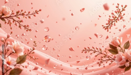 powdery rose fade theme with powder blush with peach cream, seamless glowing fade, floating blush particles, floating airy perspective, calm and delicate