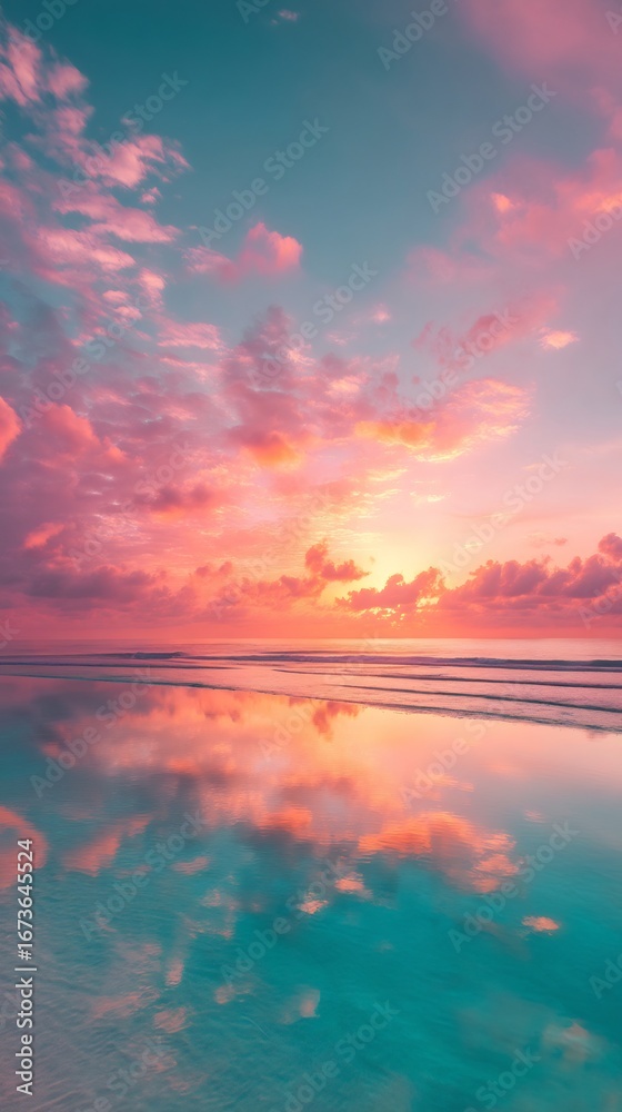 Obraz premium Vibrant sunset reflecting on the calm ocean water with colorful clouds above