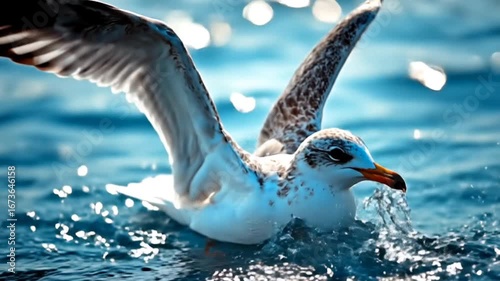 Seagull flapping wings above ocean surface with water splash seamless looping time-lapse 4k video background. Wildlife concept
