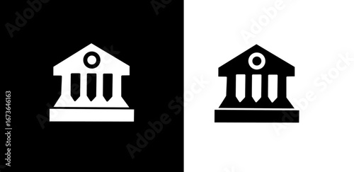 Elegant minimalist icon depicting a classical building with pillars, symbolizing banking, finance, law, or public administration, presented in a sleek black and white design