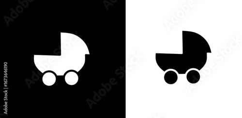 Simple and elegant baby stroller icon on a contrasting black and white background