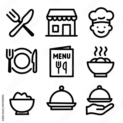 Collection of restaurant and food service icons fork, knife, plate, chef, bowl, menu, and covered dishes