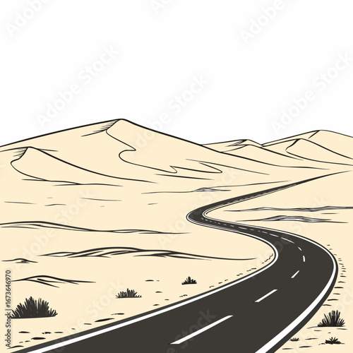 A winding asphalt road curves through a stylized desert landscape with rolling sand dunes and sparse vegetation