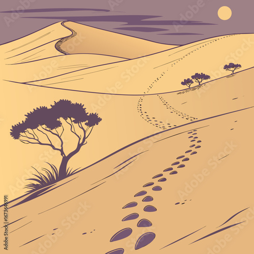 A winding path of footprints leads across golden sand dunes under a twilight sky with a setting sun