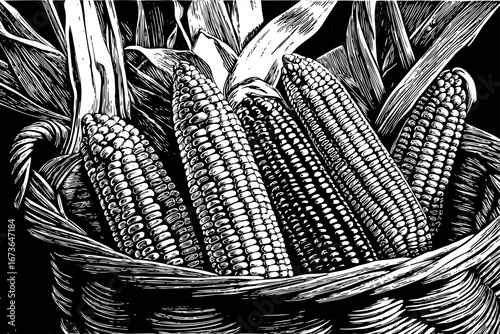 basket filled with corn decorated with husks and leaves, rustic organic still life, natural elegant composition black and white sketch