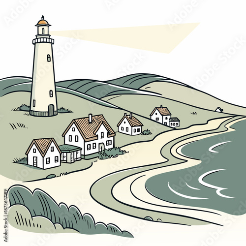 Charming coastal village with a lighthouse guiding ships along the serene shoreline