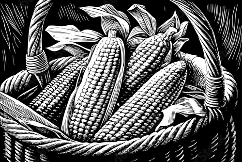 basket filled with corn decorated with husks and leaves, rustic organic still life, natural elegant composition black and white sketch