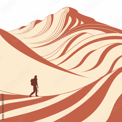 Lone hiker walks across stylized desert dunes under a vast empty sky in a minimalist illustration