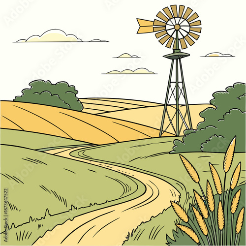 Idyllic rural landscape featuring a vintage windmill rolling golden fields green hills and a winding dirt road