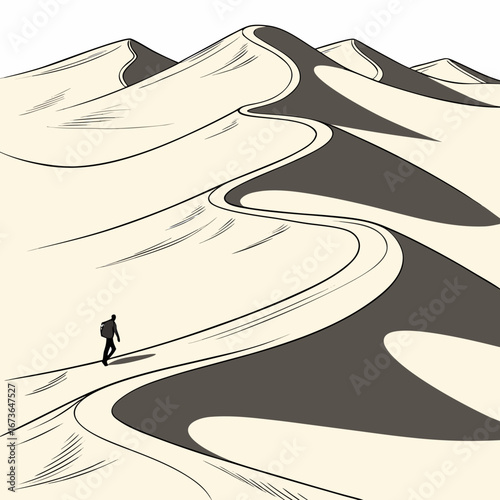 Lone traveler walks a winding path across vast sand dunes under a clear sky