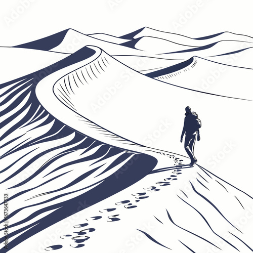 Lone hiker walks across vast desert dunes leaving footprints in the sand under a clear sky