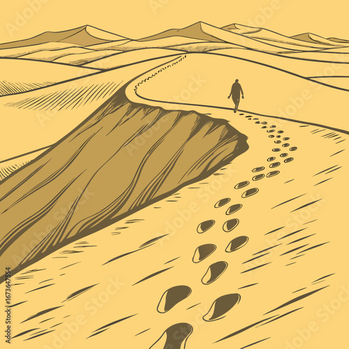 Lone traveler walks across vast desert dunes leaving footprints on a winding sandy path