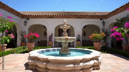 Beautiful fountain in courtyard of Spanish-style hacienda with blooming bougainvillea flowers and arched walkways