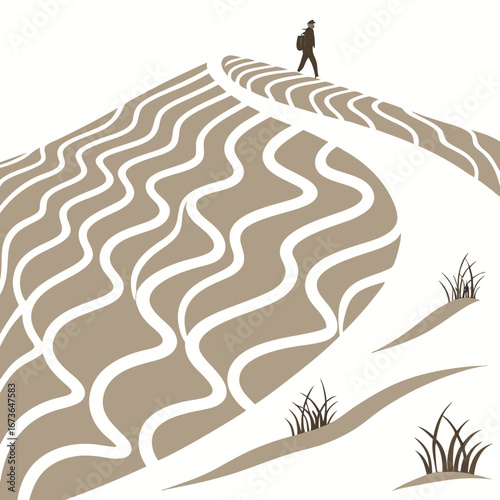 Lone traveler walks on a stylized desert dune with wavy patterns and sparse grass