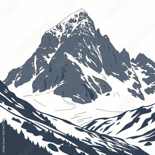 Majestic snow capped mountain range with dramatic peaks and a vast white sky background