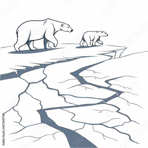 Mother and cub polar bears walk across cracked melting ice floes in the arctic