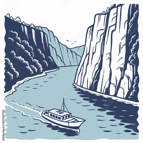 Scenic boat cruise navigates through a majestic fjord with towering cliffs and lush vegetation