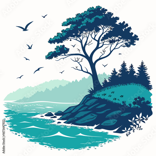 Serene coastal landscape with a lone tree rocky shore and soaring birds under a pale sky