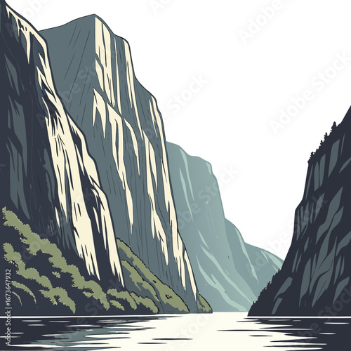 Serene fjord landscape with towering cliffs and calm water reflecting the dramatic mountain scenery