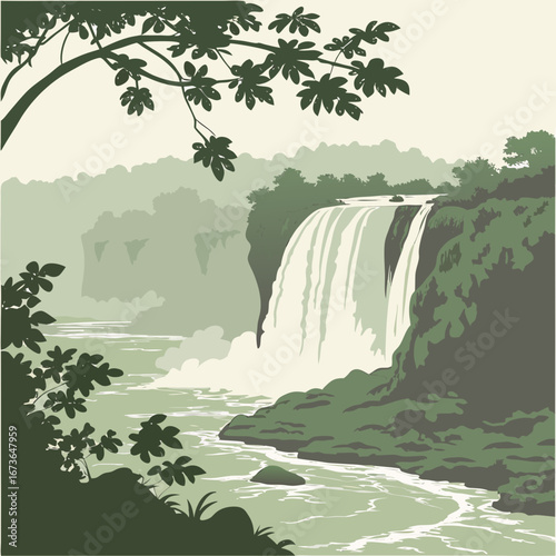 Serene jungle waterfall cascading down lush green cliffs with tropical foliage framing the scene