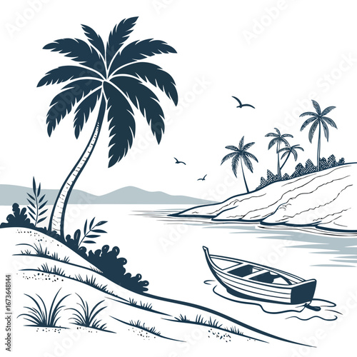 Serene tropical beach scene with palm trees a lone rowboat and distant islands under a clear sky