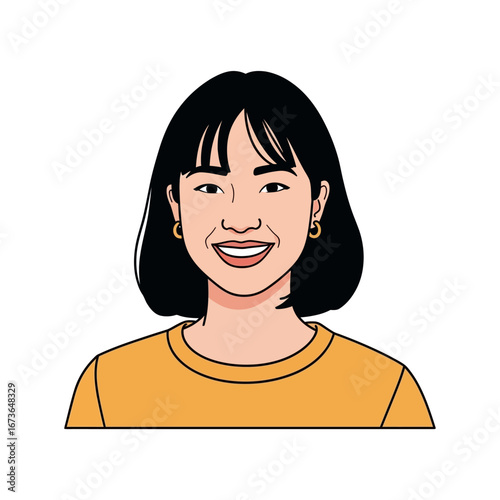 Smiling Woman with Bob Haircut and Gold Hoop Earrings Illustration